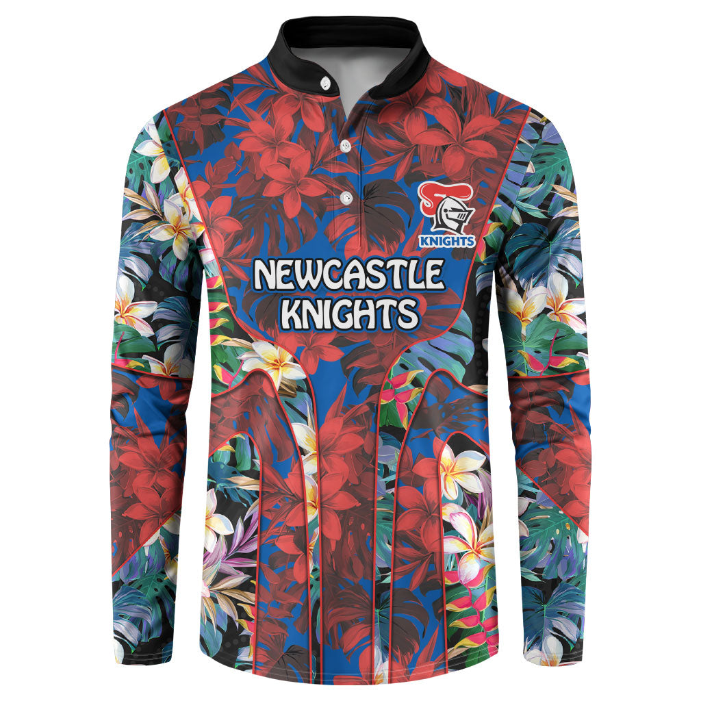 Newcastle Knights Button Sweatshirt Tropical Hibiscus Floral Pattern With Blue And Red Accents