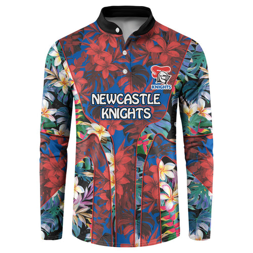 Newcastle Knights Button Sweatshirt Tropical Hibiscus Floral Pattern With Blue And Red Accents