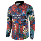 Newcastle Knights Button Sweatshirt Tropical Hibiscus Floral Pattern With Blue And Red Accents
