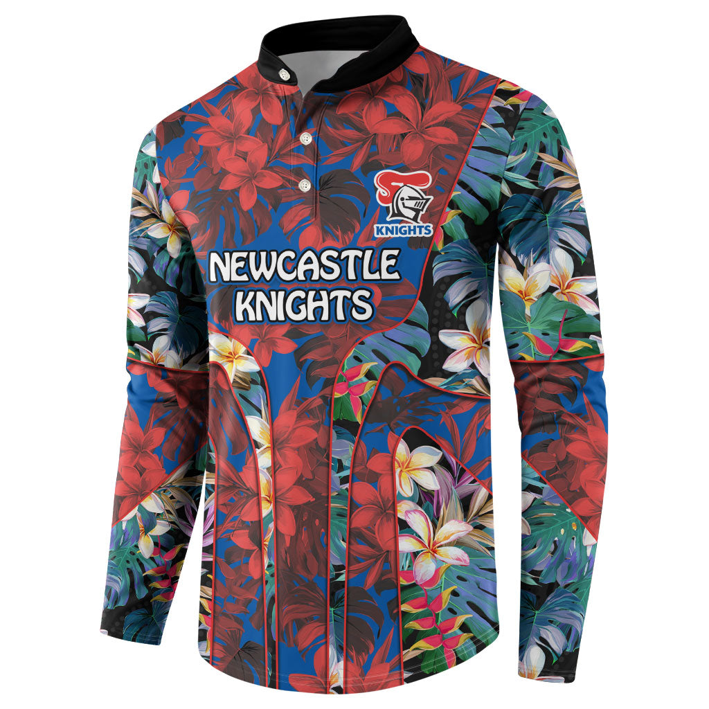 Newcastle Knights Button Sweatshirt Tropical Hibiscus Floral Pattern With Blue And Red Accents