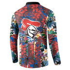 Newcastle Knights Button Sweatshirt Tropical Hibiscus Floral Pattern With Blue And Red Accents
