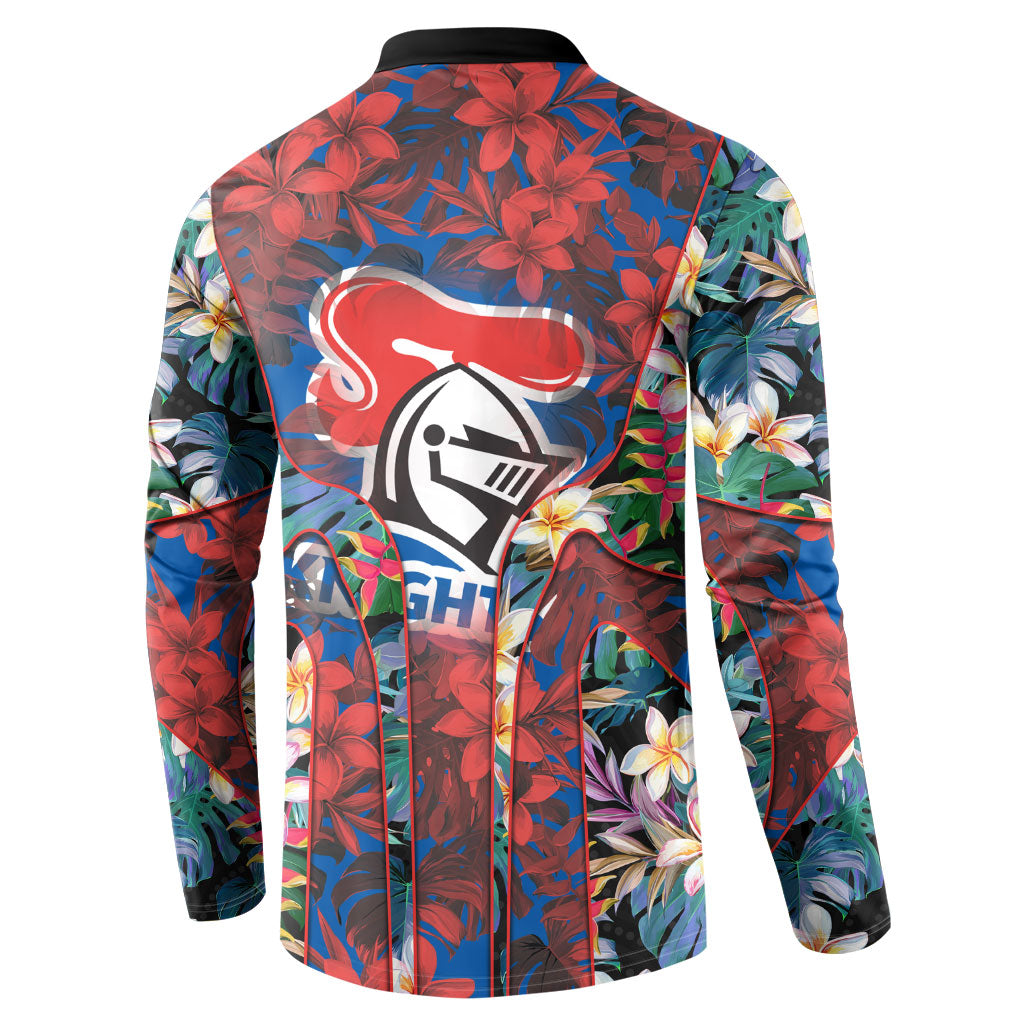 Newcastle Knights Button Sweatshirt Tropical Hibiscus Floral Pattern With Blue And Red Accents