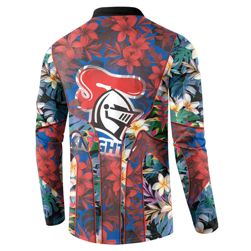 Newcastle Knights Button Sweatshirt Tropical Hibiscus Floral Pattern With Blue And Red Accents