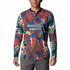 Newcastle Knights Button Sweatshirt Tropical Hibiscus Floral Pattern With Blue And Red Accents