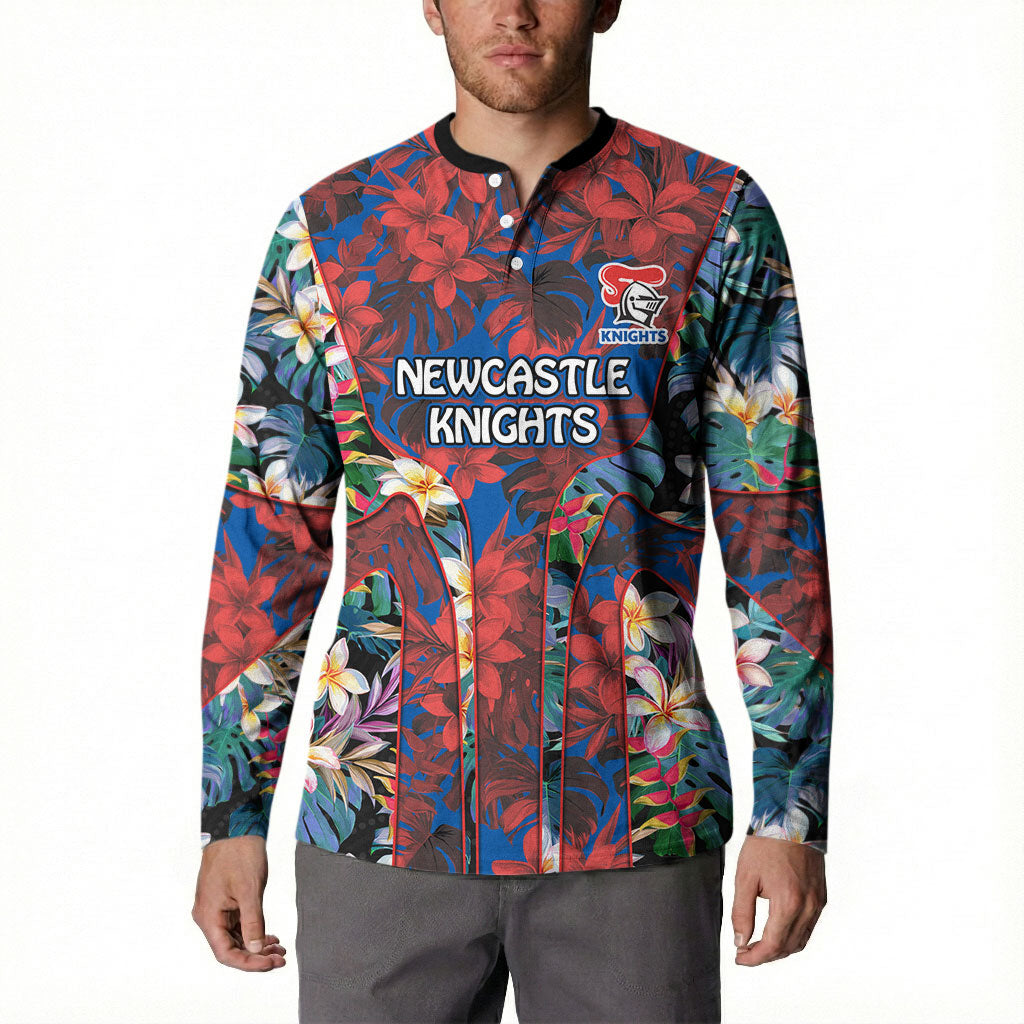 Newcastle Knights Button Sweatshirt Tropical Hibiscus Floral Pattern With Blue And Red Accents