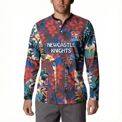 Newcastle Knights Button Sweatshirt Tropical Hibiscus Floral Pattern With Blue And Red Accents