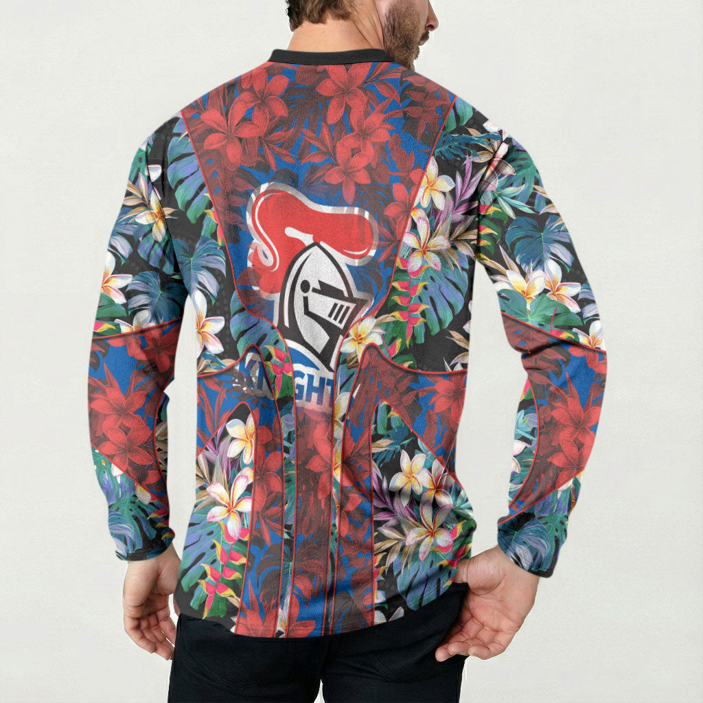 Newcastle Knights Button Sweatshirt Tropical Hibiscus Floral Pattern With Blue And Red Accents