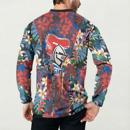 Newcastle Knights Button Sweatshirt Tropical Hibiscus Floral Pattern With Blue And Red Accents