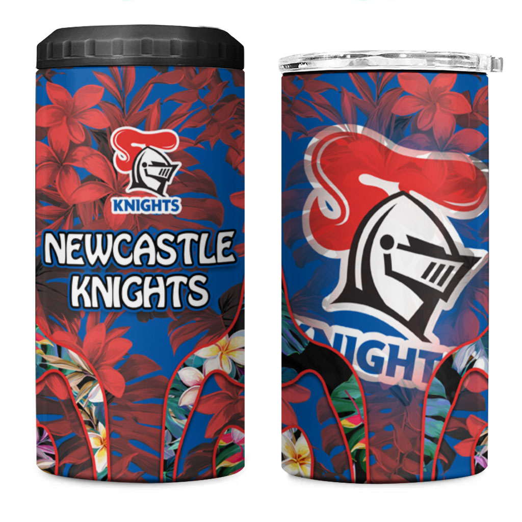 Newcastle Knights 4 in 1 Can Cooler Tumbler Tropical Hibiscus Floral Pattern With Blue And Red Accents