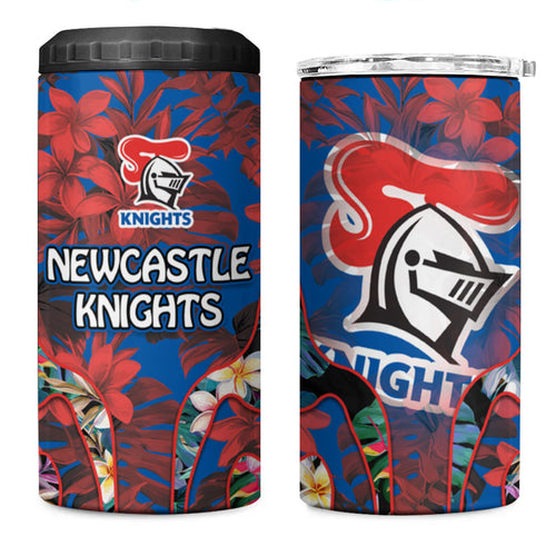 Newcastle Knights 4 in 1 Can Cooler Tumbler Tropical Hibiscus Floral Pattern With Blue And Red Accents