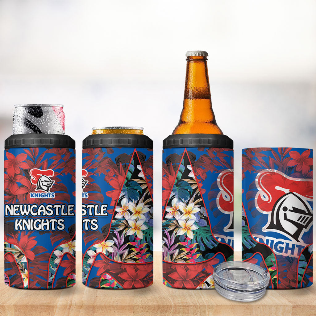 Newcastle Knights 4 in 1 Can Cooler Tumbler Tropical Hibiscus Floral Pattern With Blue And Red Accents