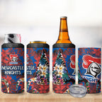 Newcastle Knights 4 in 1 Can Cooler Tumbler Tropical Hibiscus Floral Pattern With Blue And Red Accents
