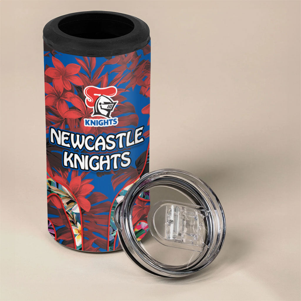 Newcastle Knights 4 in 1 Can Cooler Tumbler Tropical Hibiscus Floral Pattern With Blue And Red Accents