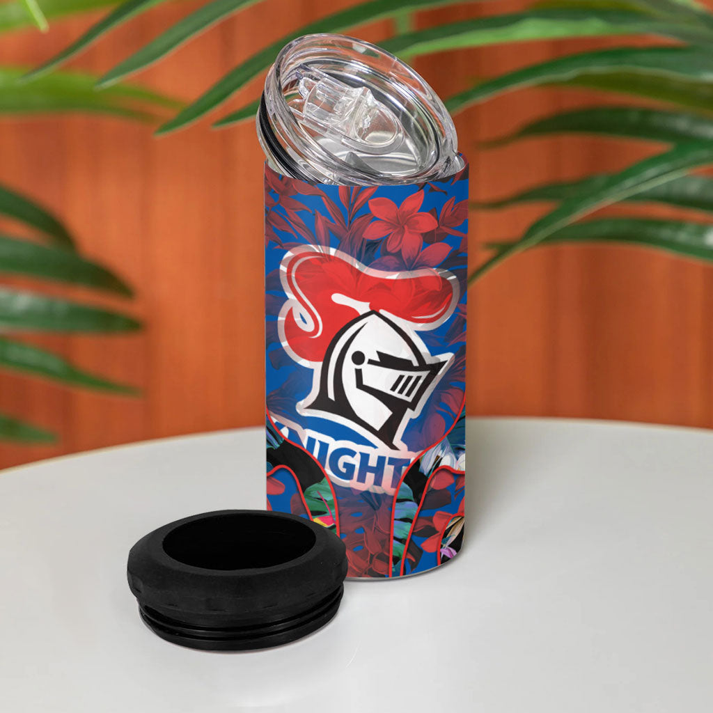 Newcastle Knights 4 in 1 Can Cooler Tumbler Tropical Hibiscus Floral Pattern With Blue And Red Accents