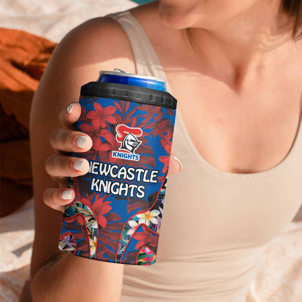 Newcastle Knights 4 in 1 Can Cooler Tumbler Tropical Hibiscus Floral Pattern With Blue And Red Accents