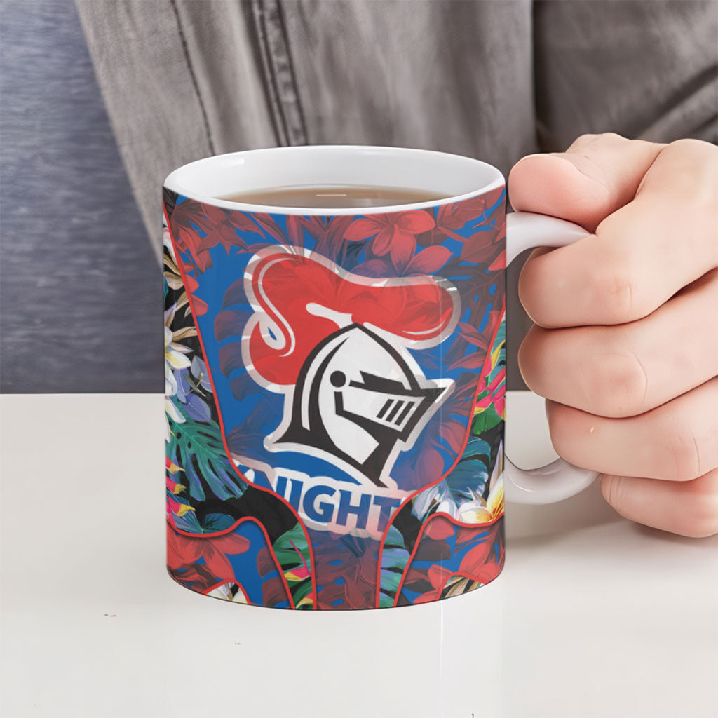 Newcastle Knights Ceramic Mug Tropical Hibiscus Floral Pattern With Blue And Red Accents