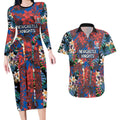 Newcastle Knights Couples Matching Long Sleeve Bodycon Dress and Hawaiian Shirt Tropical Hibiscus Floral Pattern With Blue And Red Accents