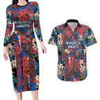 Newcastle Knights Couples Matching Long Sleeve Bodycon Dress and Hawaiian Shirt Tropical Hibiscus Floral Pattern With Blue And Red Accents