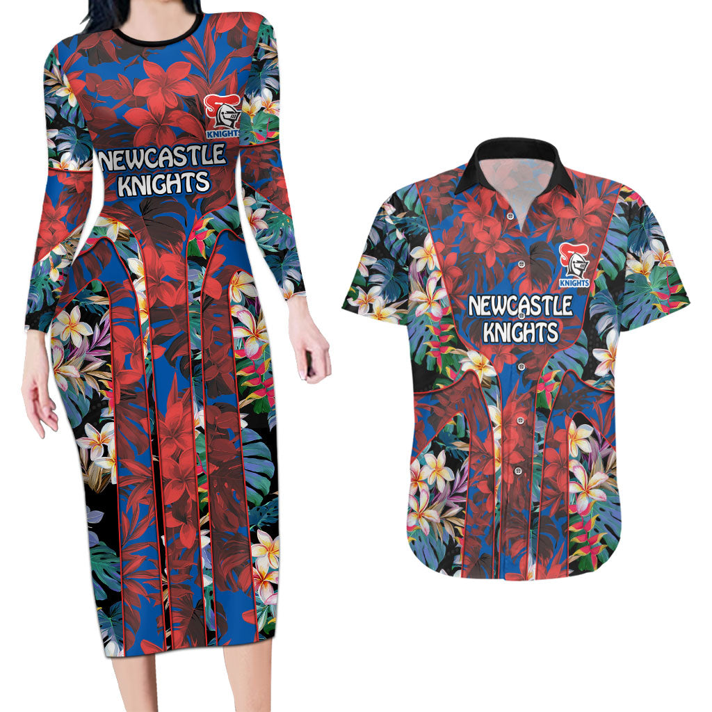 Newcastle Knights Couples Matching Long Sleeve Bodycon Dress and Hawaiian Shirt Tropical Hibiscus Floral Pattern With Blue And Red Accents