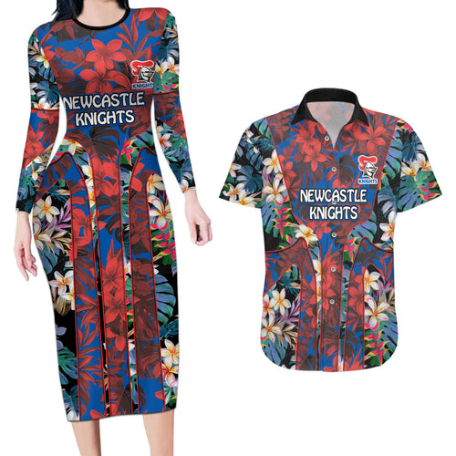 Newcastle Knights Couples Matching Long Sleeve Bodycon Dress and Hawaiian Shirt Tropical Hibiscus Floral Pattern With Blue And Red Accents