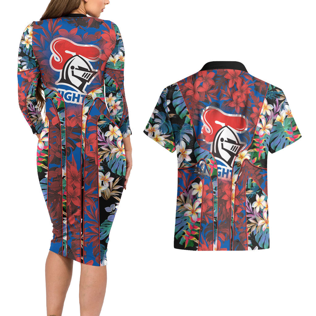 Newcastle Knights Couples Matching Long Sleeve Bodycon Dress and Hawaiian Shirt Tropical Hibiscus Floral Pattern With Blue And Red Accents