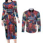 Newcastle Knights Couples Matching Long Sleeve Bodycon Dress and Long Sleeve Button Shirt Tropical Hibiscus Floral Pattern With Blue And Red Accents