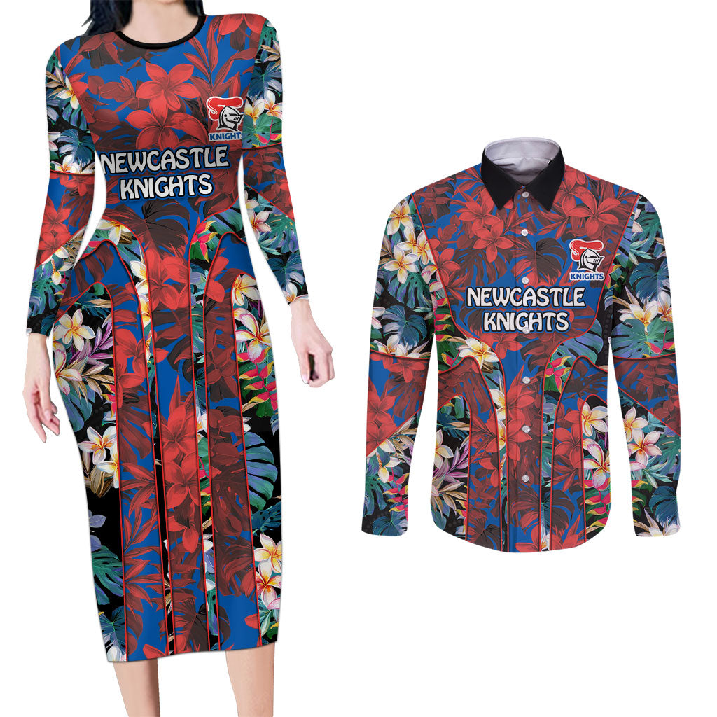 Newcastle Knights Couples Matching Long Sleeve Bodycon Dress and Long Sleeve Button Shirt Tropical Hibiscus Floral Pattern With Blue And Red Accents