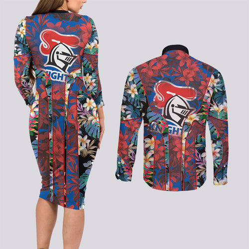 Newcastle Knights Couples Matching Long Sleeve Bodycon Dress and Long Sleeve Button Shirt Tropical Hibiscus Floral Pattern With Blue And Red Accents