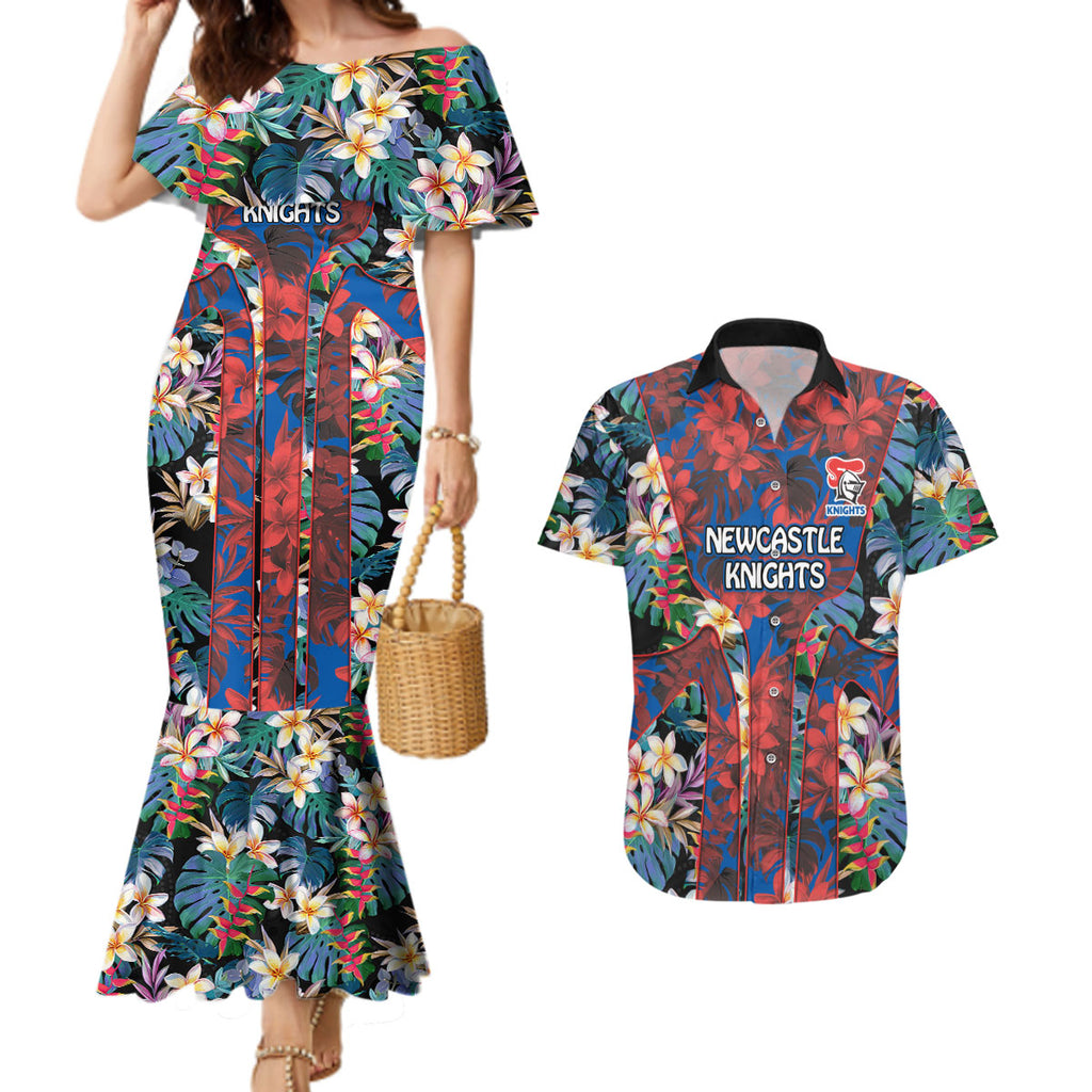 Newcastle Knights Couples Matching Mermaid Dress and Hawaiian Shirt Tropical Hibiscus Floral Pattern With Blue And Red Accents