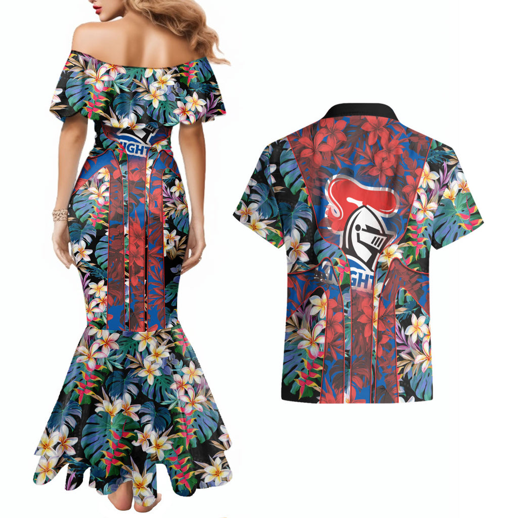 Newcastle Knights Couples Matching Mermaid Dress and Hawaiian Shirt Tropical Hibiscus Floral Pattern With Blue And Red Accents