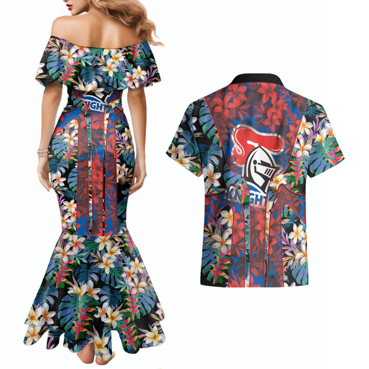 Newcastle Knights Couples Matching Mermaid Dress and Hawaiian Shirt Tropical Hibiscus Floral Pattern With Blue And Red Accents