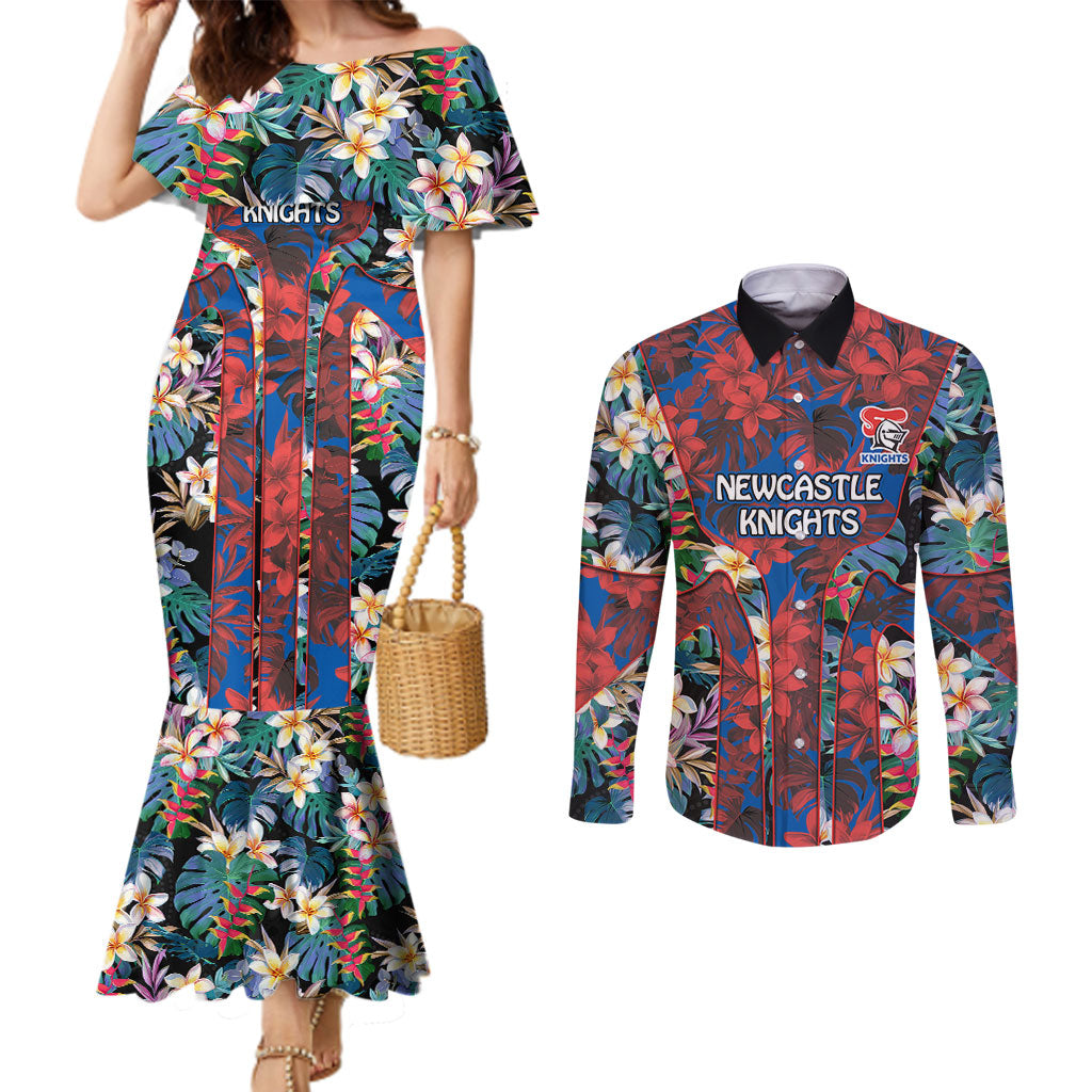 Newcastle Knights Couples Matching Mermaid Dress and Long Sleeve Button Shirt Tropical Hibiscus Floral Pattern With Blue And Red Accents