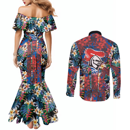 Newcastle Knights Couples Matching Mermaid Dress and Long Sleeve Button Shirt Tropical Hibiscus Floral Pattern With Blue And Red Accents