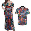Newcastle Knights Couples Matching Off Shoulder Maxi Dress and Hawaiian Shirt Tropical Hibiscus Floral Pattern With Blue And Red Accents