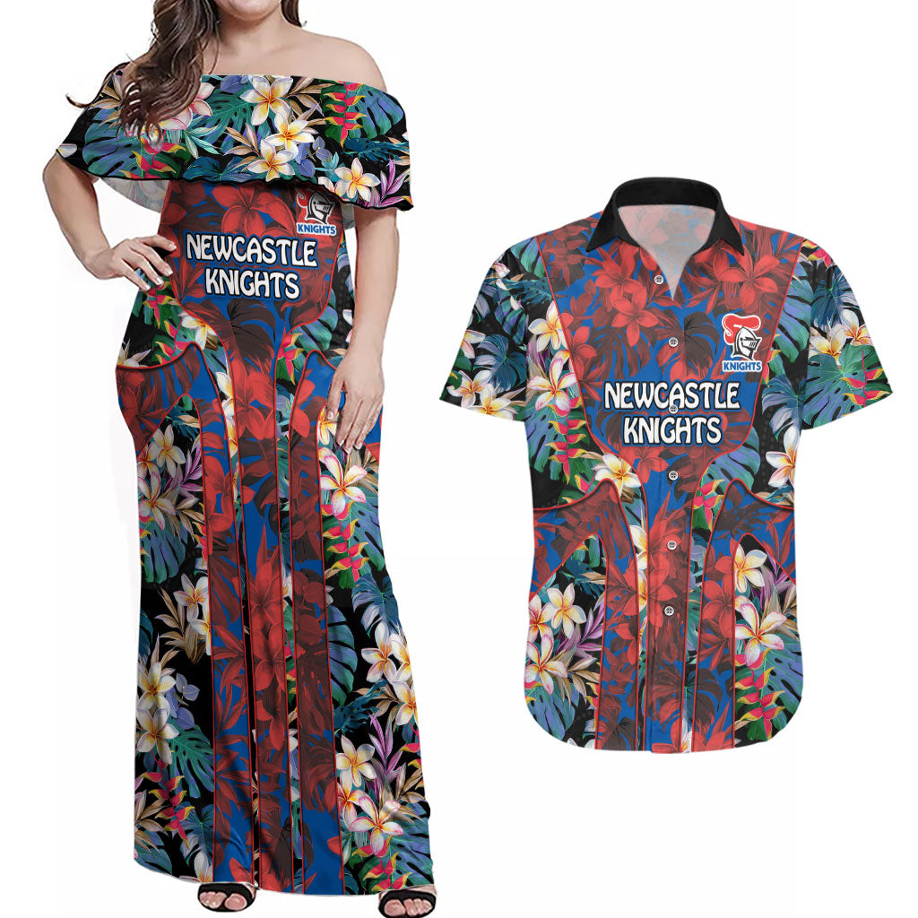 Newcastle Knights Couples Matching Off Shoulder Maxi Dress and Hawaiian Shirt Tropical Hibiscus Floral Pattern With Blue And Red Accents