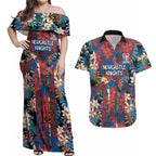 Newcastle Knights Couples Matching Off Shoulder Maxi Dress and Hawaiian Shirt Tropical Hibiscus Floral Pattern With Blue And Red Accents