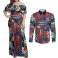 Newcastle Knights Couples Matching Off Shoulder Maxi Dress and Long Sleeve Button Shirt Tropical Hibiscus Floral Pattern With Blue And Red Accents