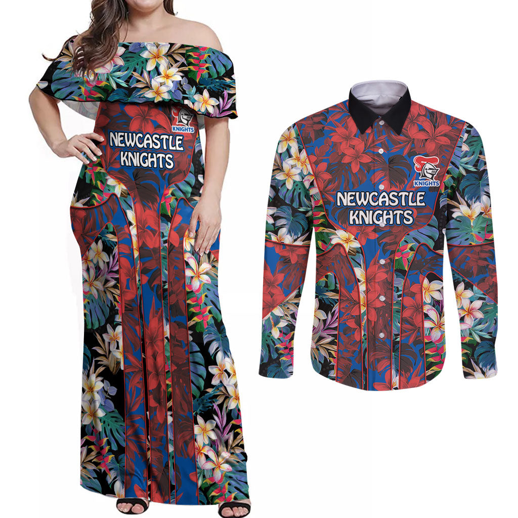 Newcastle Knights Couples Matching Off Shoulder Maxi Dress and Long Sleeve Button Shirt Tropical Hibiscus Floral Pattern With Blue And Red Accents