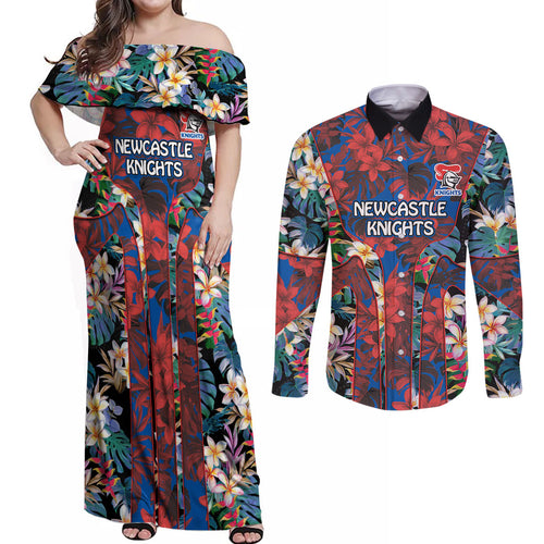 Newcastle Knights Couples Matching Off Shoulder Maxi Dress and Long Sleeve Button Shirt Tropical Hibiscus Floral Pattern With Blue And Red Accents