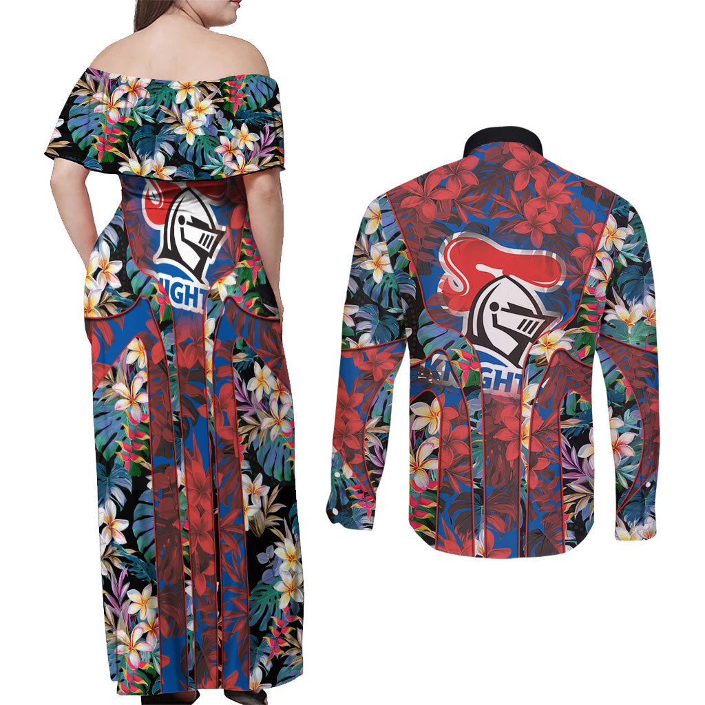 Newcastle Knights Couples Matching Off Shoulder Maxi Dress and Long Sleeve Button Shirt Tropical Hibiscus Floral Pattern With Blue And Red Accents