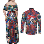 Newcastle Knights Couples Matching Off Shoulder Maxi Dress and Long Sleeve Button Shirt Tropical Hibiscus Floral Pattern With Blue And Red Accents