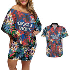 Newcastle Knights Couples Matching Off Shoulder Short Dress and Hawaiian Shirt Tropical Hibiscus Floral Pattern With Blue And Red Accents
