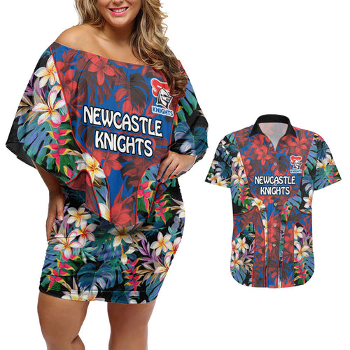 Newcastle Knights Couples Matching Off Shoulder Short Dress and Hawaiian Shirt Tropical Hibiscus Floral Pattern With Blue And Red Accents