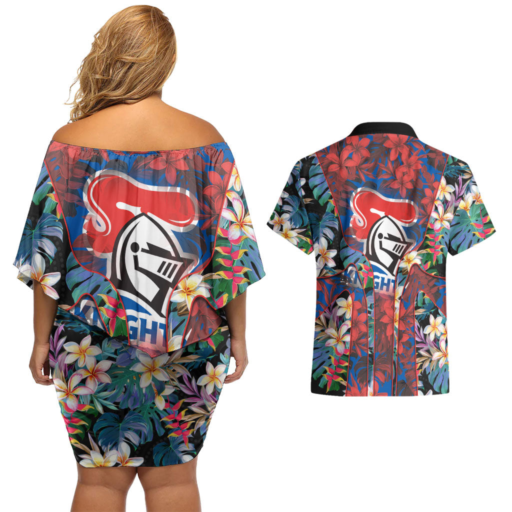 Newcastle Knights Couples Matching Off Shoulder Short Dress and Hawaiian Shirt Tropical Hibiscus Floral Pattern With Blue And Red Accents