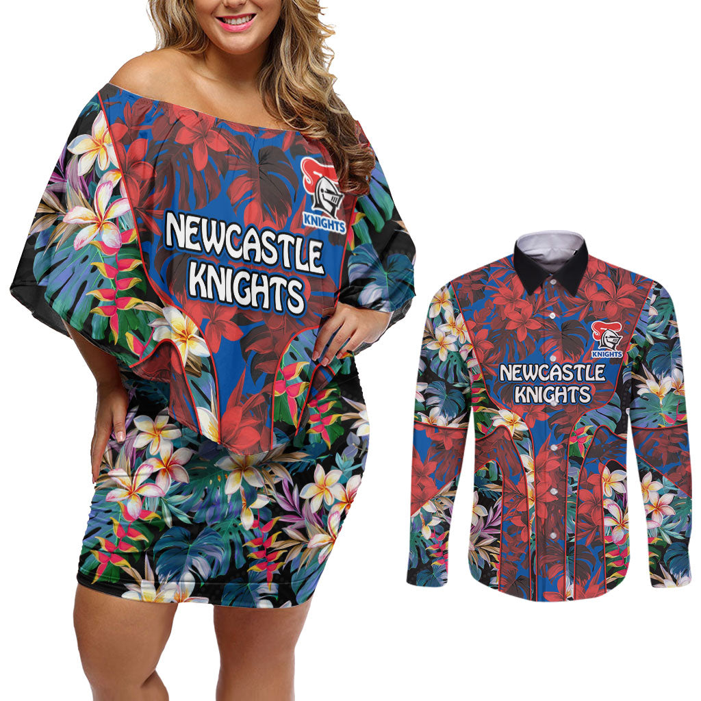 Newcastle Knights Couples Matching Off Shoulder Short Dress and Long Sleeve Button Shirt Tropical Hibiscus Floral Pattern With Blue And Red Accents