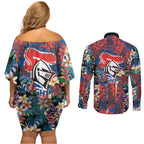 Newcastle Knights Couples Matching Off Shoulder Short Dress and Long Sleeve Button Shirt Tropical Hibiscus Floral Pattern With Blue And Red Accents