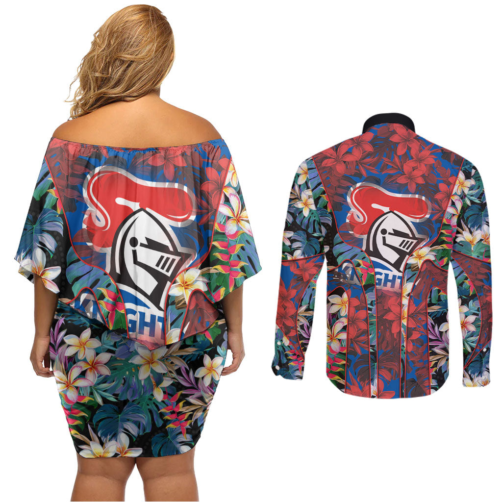 Newcastle Knights Couples Matching Off Shoulder Short Dress and Long Sleeve Button Shirt Tropical Hibiscus Floral Pattern With Blue And Red Accents