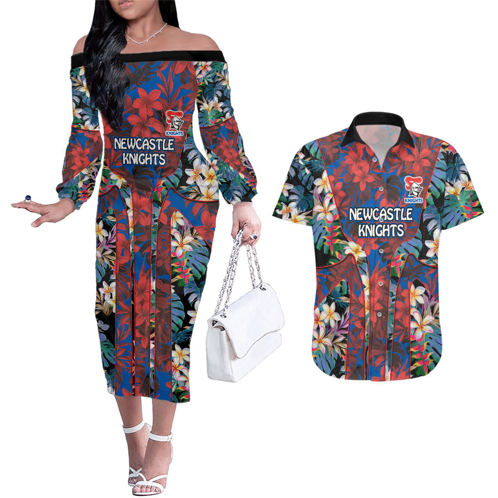 Newcastle Knights Couples Matching Off The Shoulder Long Sleeve Dress and Hawaiian Shirt Tropical Hibiscus Floral Pattern With Blue And Red Accents