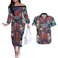 Newcastle Knights Couples Matching Off The Shoulder Long Sleeve Dress and Hawaiian Shirt Tropical Hibiscus Floral Pattern With Blue And Red Accents