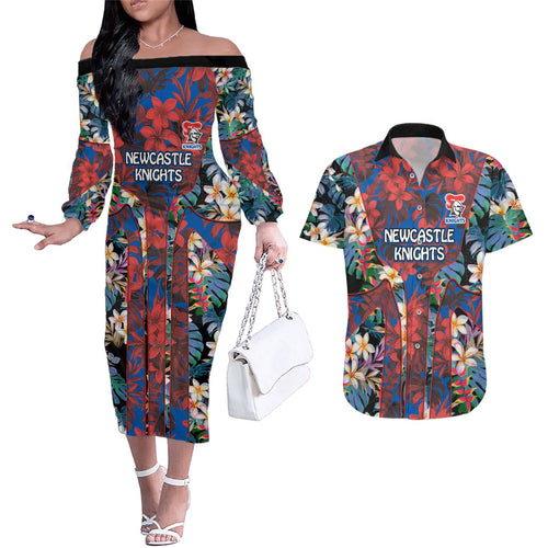 Newcastle Knights Couples Matching Off The Shoulder Long Sleeve Dress and Hawaiian Shirt Tropical Hibiscus Floral Pattern With Blue And Red Accents